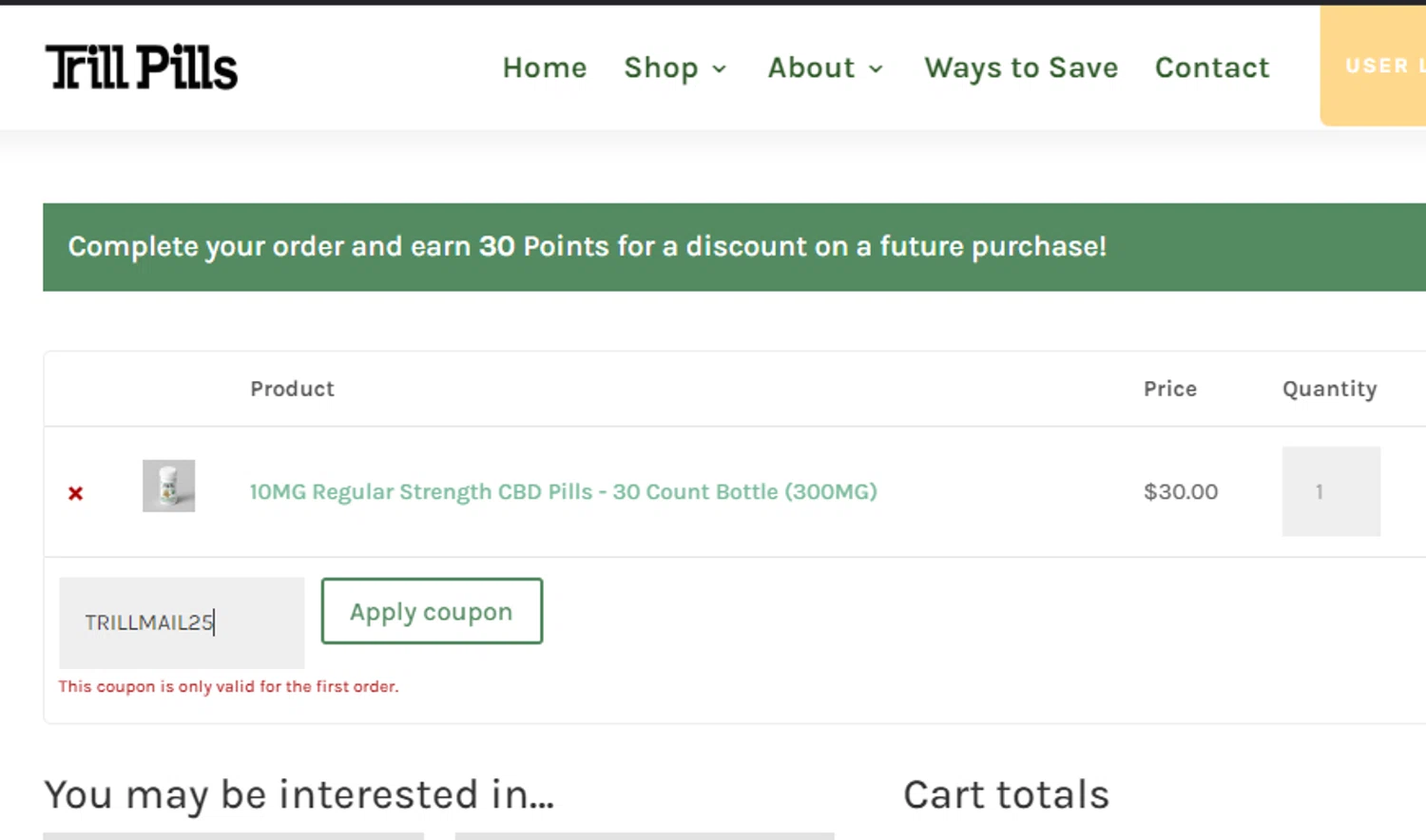 Trill Pills checkout page showing Trill Pills promo code box | Screenshot taken by SimplyCodes community member on Jan 2, 2025