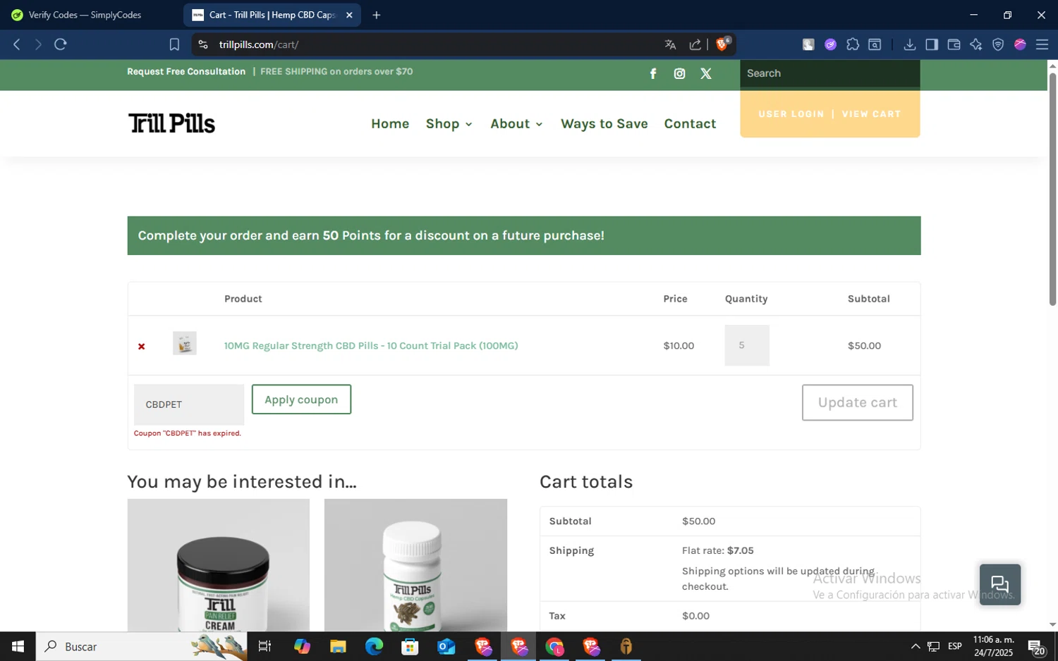 Trill Pills promo code screenshot showing code CBDPET applied at Trill Pills checkout page. Uploaded by SimplyCodes community member TokenSaver1205 on Jul 24, 2025