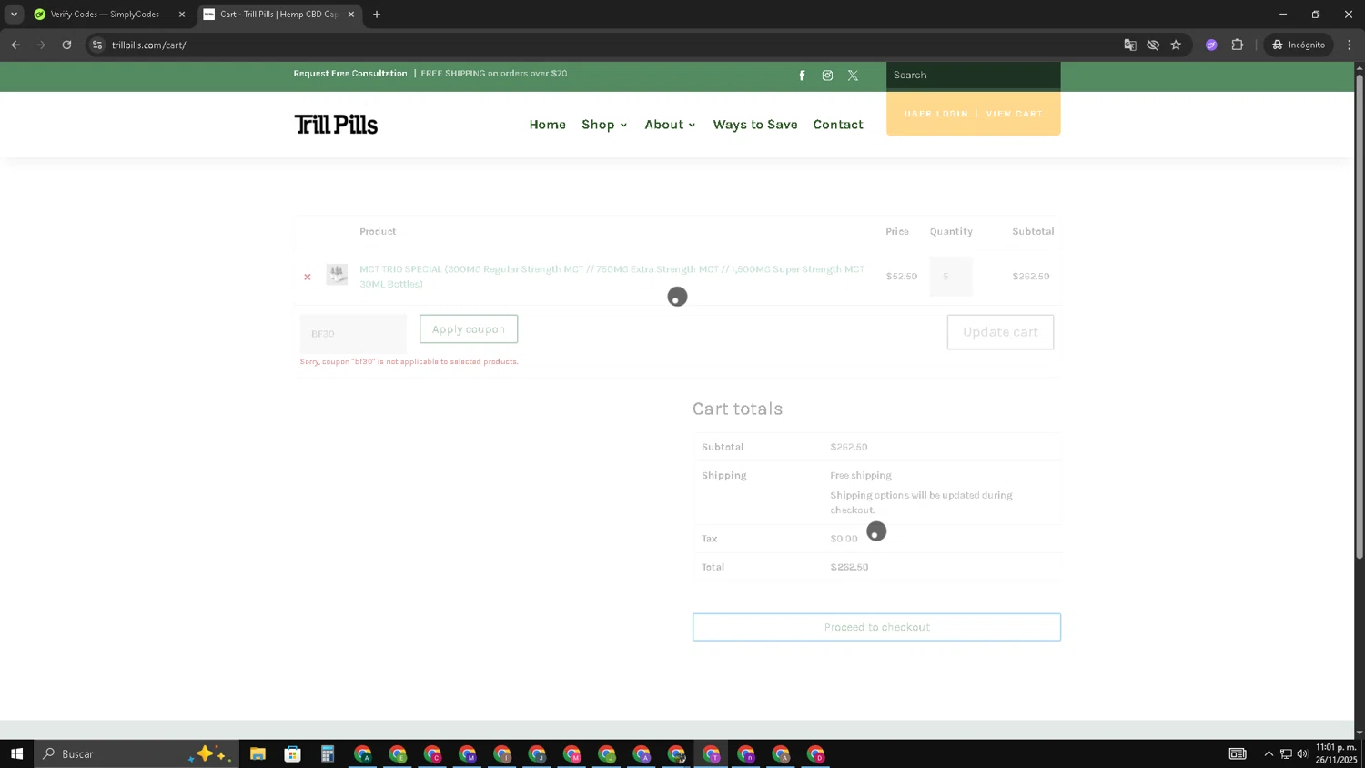 Trill Pills promo code screenshot showing code BF30 applied at Trill Pills checkout page. Uploaded by SimplyCodes community member ShrewdSleuth9497 on Nov 27, 2025