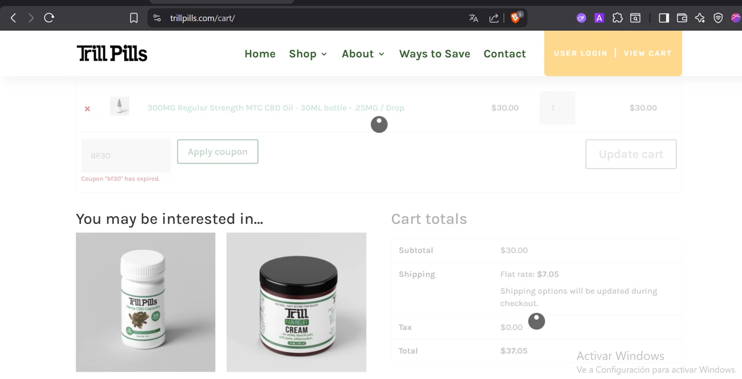 Trill Pills promo code screenshot showing code BF30 applied at Trill Pills checkout page. Uploaded by SimplyCodes community member Trump23 on Dec 26, 2025