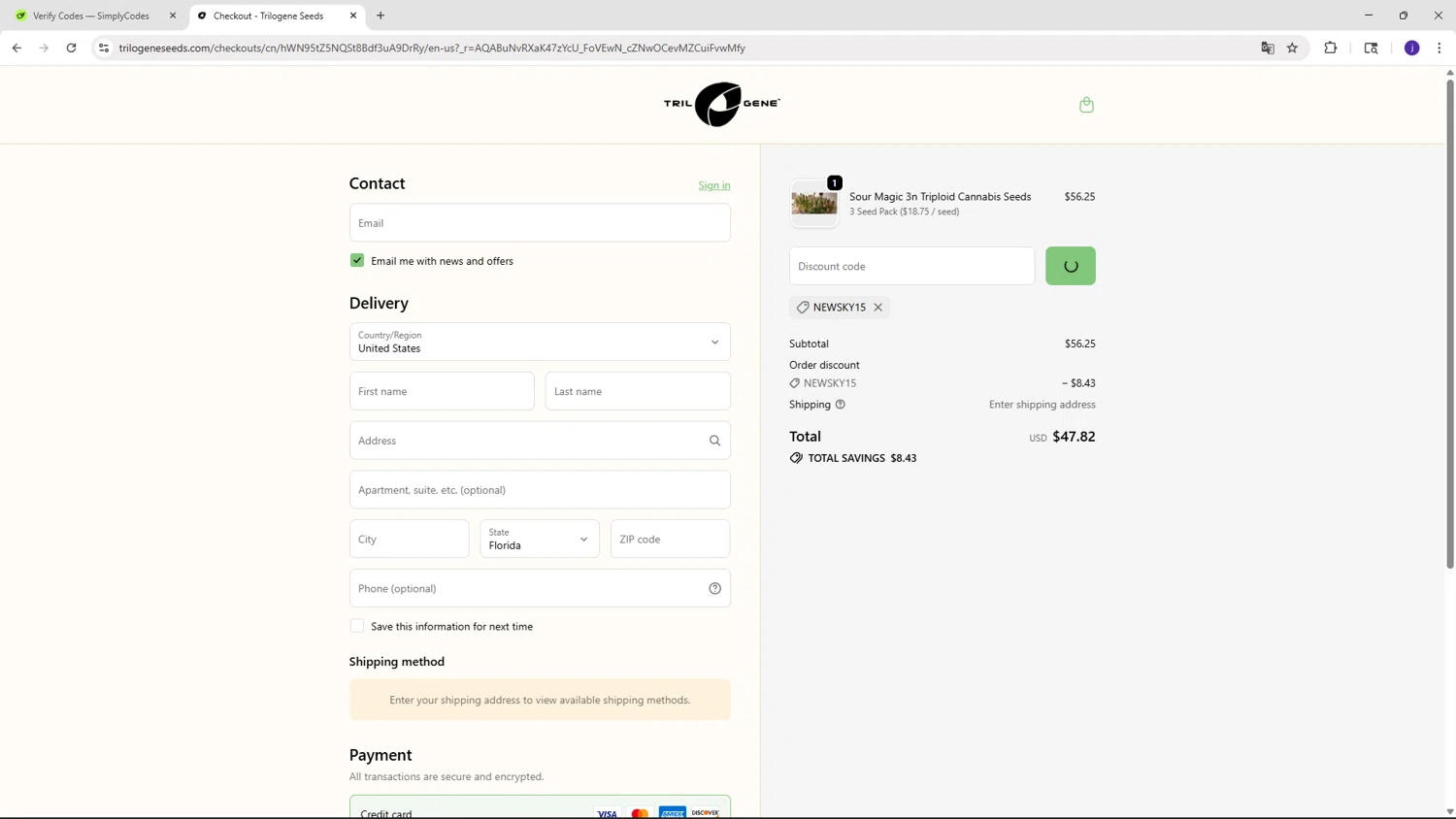 Trilogene Seeds promo code screenshot showing code NEWSKY15 applied at Trilogene Seeds checkout page. Uploaded by SimplyCodes community member simplycodesssss on Feb 22, 2026