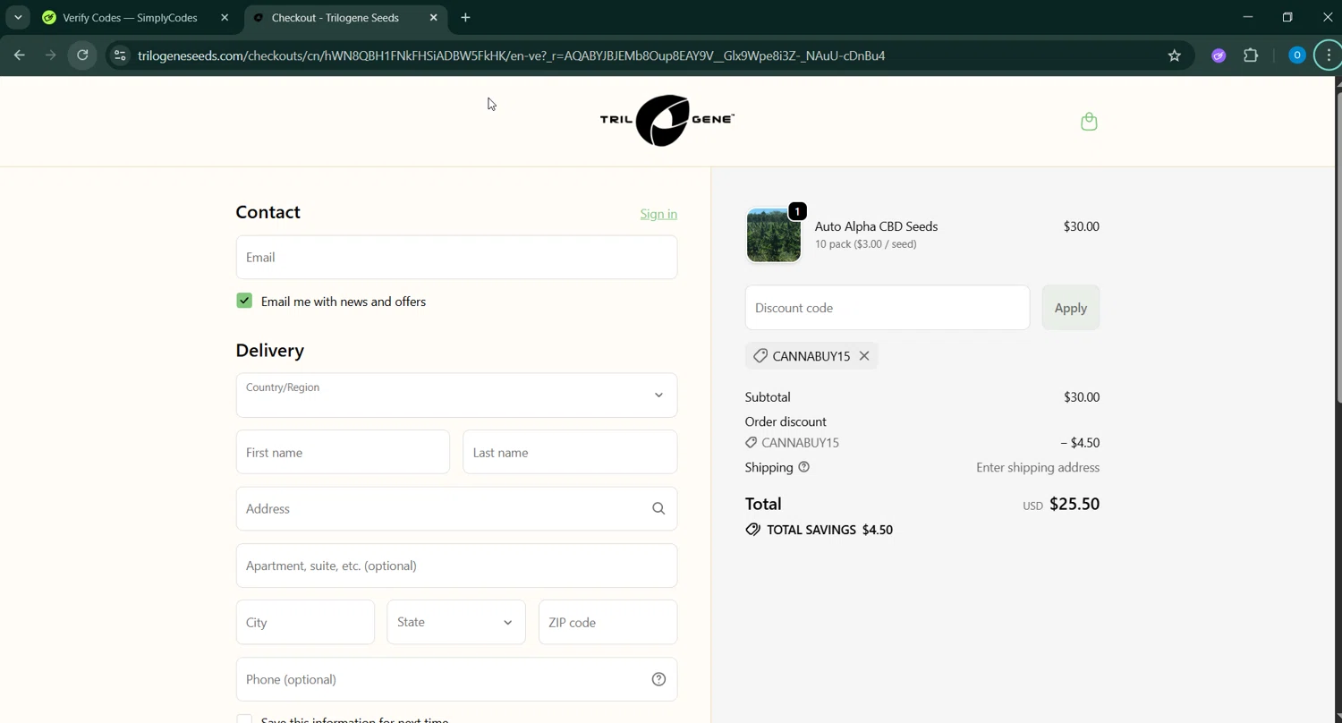 Trilogene Seeds promo code screenshot showing code CannaBuy15 applied at Trilogene Seeds checkout page. Uploaded by SimplyCodes community member _____________ on Feb 5, 2026