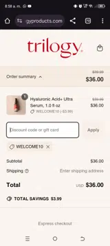 WELCOME10 coupon verification screenshot