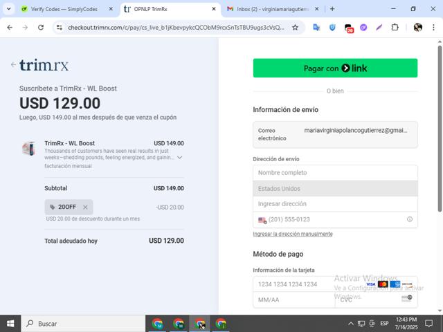 TrimRX checkout page showing TrimRX discount code box | Screenshot taken by SimplyCodes community member on Jul 16, 2025