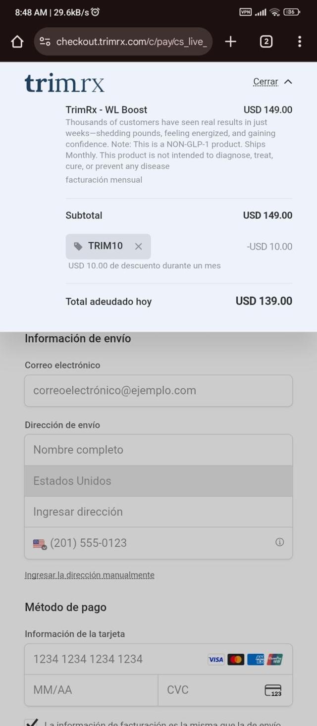 TrimRX checkout page showing TrimRX discount code box | Screenshot taken by SimplyCodes community member on Aug 27, 2025