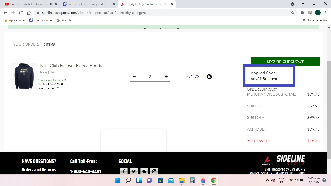 Trinity College checkout page showing Trinity College promo code box | Screenshot taken by SimplyCodes community member on Nov 1, 2021