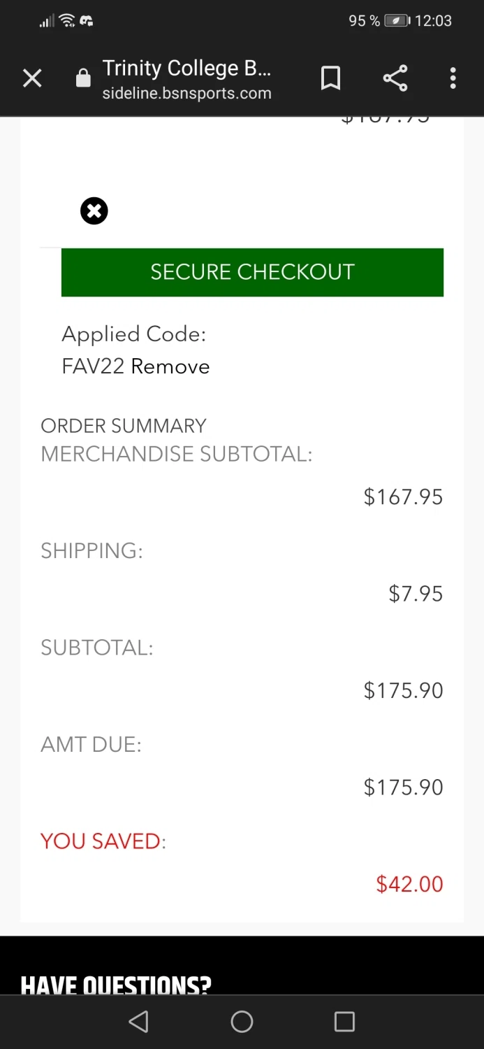 Trinity College checkout page showing Trinity College promo code box | Screenshot taken by SimplyCodes community member on Jan 20, 2022