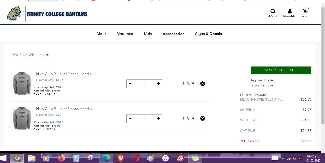 Trinity College checkout page showing Trinity College promo code box | Screenshot taken by SimplyCodes community member on Feb 1, 2022