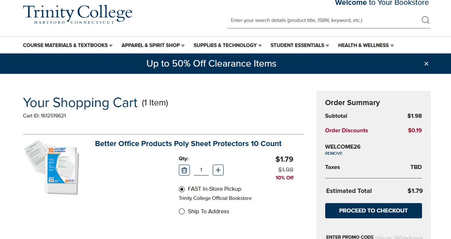 Trinity College promo code screenshot showing code WELCOME26 applied at Trinity College checkout page. Uploaded by SimplyCodes community member Loki_Odinson on Jan 28, 2026