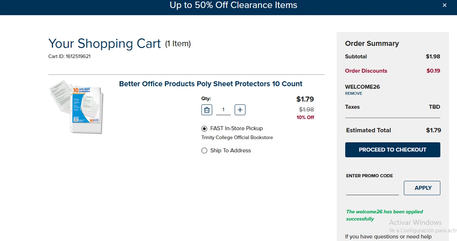 Trinity College promo code screenshot showing code WELCOME26 applied at Trinity College checkout page. Uploaded by SimplyCodes community member Mileidy on Jan 26, 2026