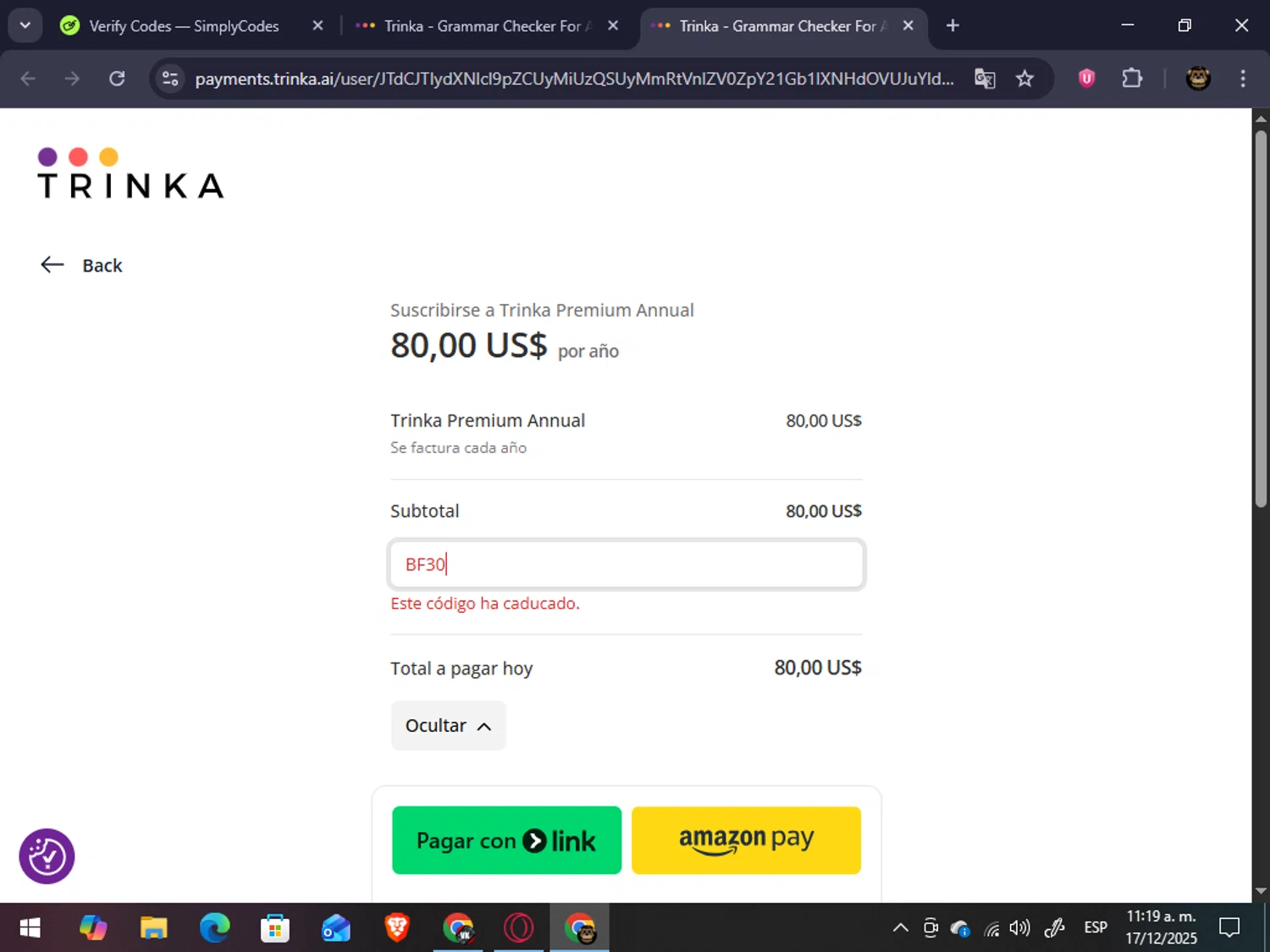 Trinka promo code screenshot showing code BF30 applied at Trinka checkout page. Uploaded by SimplyCodes community member abrahanv on Dec 17, 2025