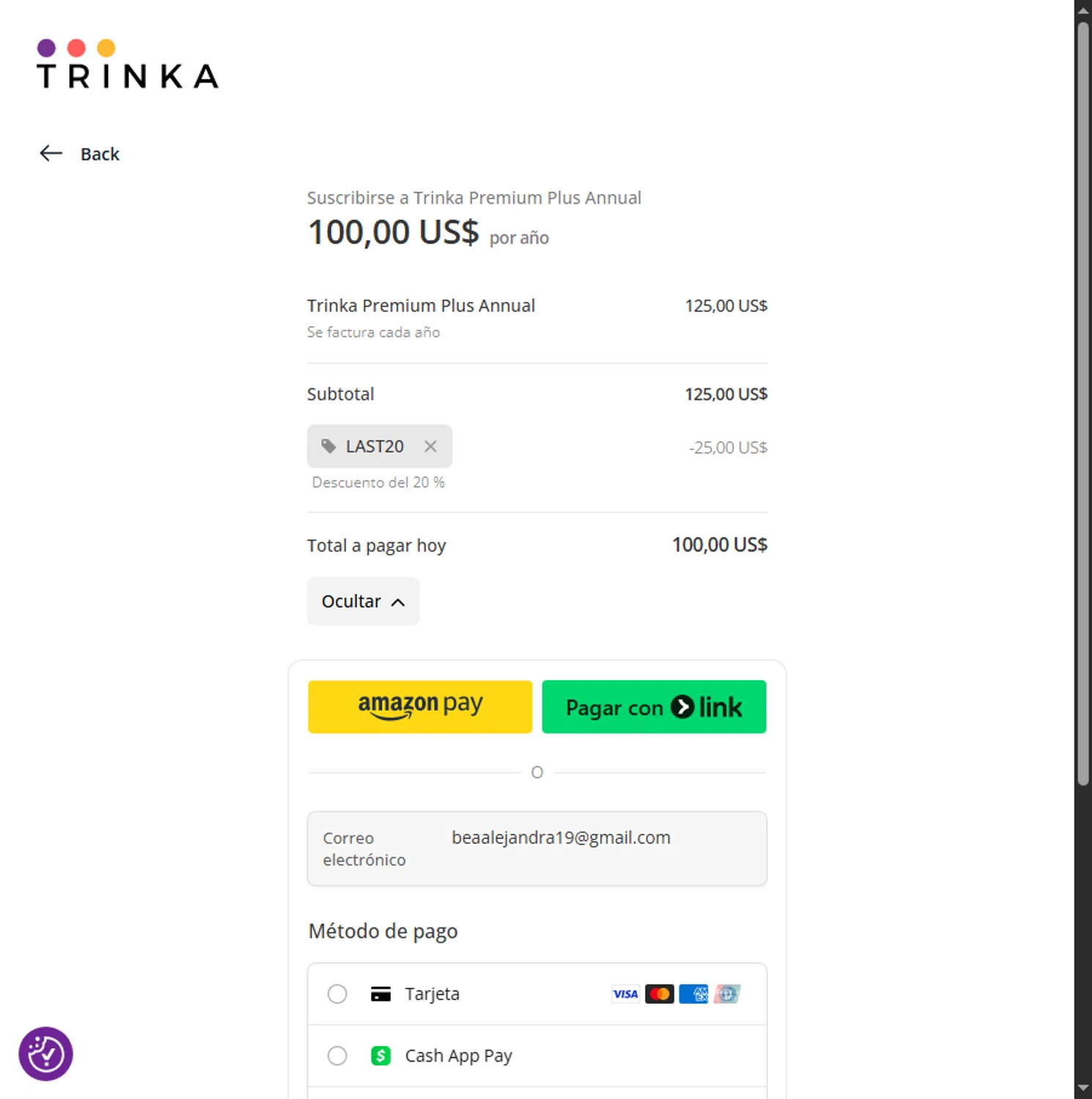 Trinka promo code screenshot showing code LAST20 applied at Trinka checkout page. Uploaded by SimplyCodes community member Alejandra10 on Aug 21, 2025