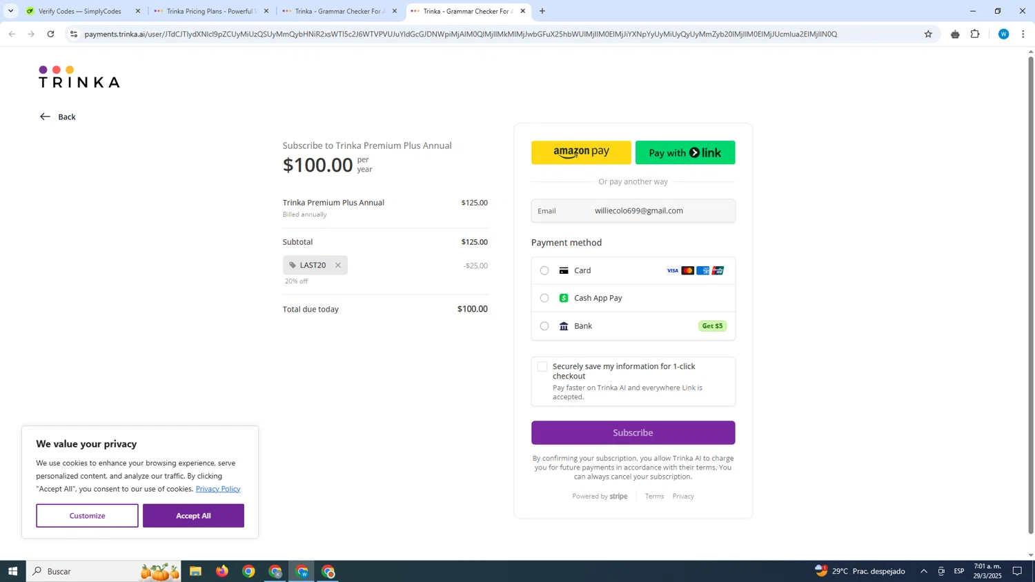 Trinka promo code screenshot showing code LAST20 applied at Trinka checkout page. Uploaded by SimplyCodes community member CrownShopper7142 on Mar 29, 2025