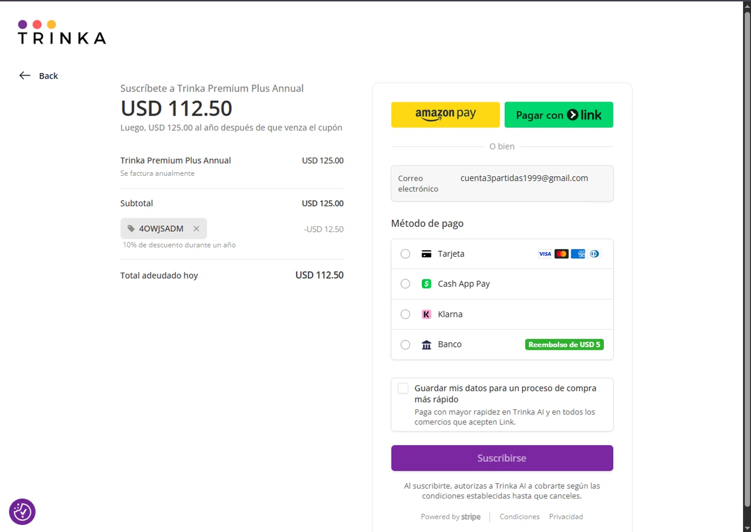 Trinka promo code screenshot showing code 4OWJSADM applied at Trinka checkout page. Uploaded by SimplyCodes community member BargainSaver8204 on Aug 2, 2025