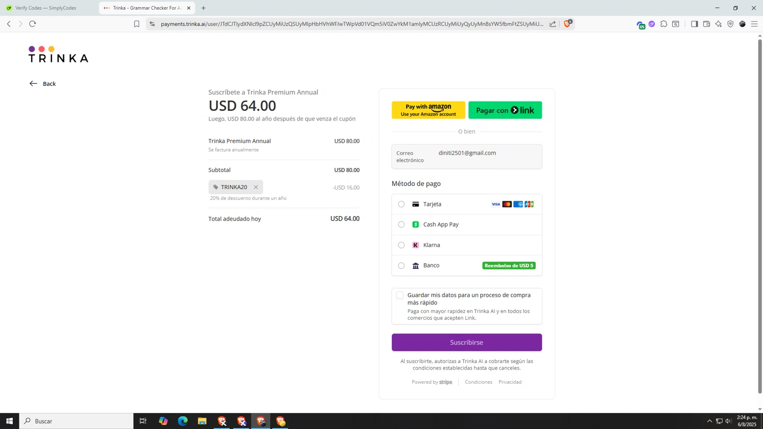 Trinka promo code screenshot showing code TRINKA20 applied at Trinka checkout page. Uploaded by SimplyCodes community member AnthonyGTX on Aug 6, 2025
