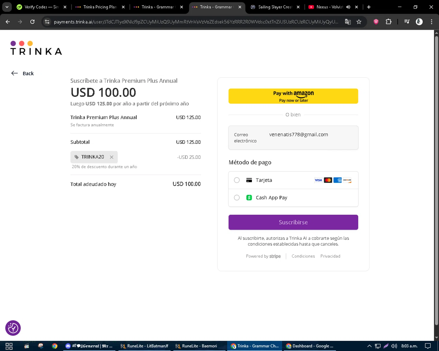 Trinka promo code screenshot showing code TRINKA20 applied at Trinka checkout page. Uploaded by SimplyCodes community member CleverSentinel9441 on Sep 19, 2025