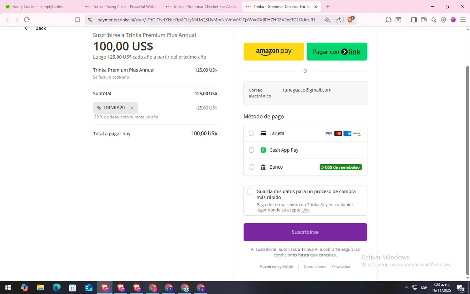 Trinka promo code screenshot showing code TRINKA20 applied at Trinka checkout page. Uploaded by SimplyCodes community member CodeLynx5272 on Nov 16, 2025