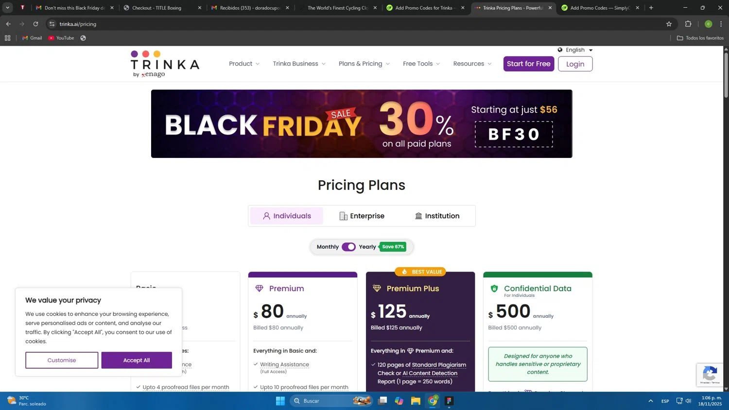 Trinka promo code screenshot showing code BF30 applied at Trinka checkout page. Uploaded by SimplyCodes community member Mdeoca on Nov 18, 2025