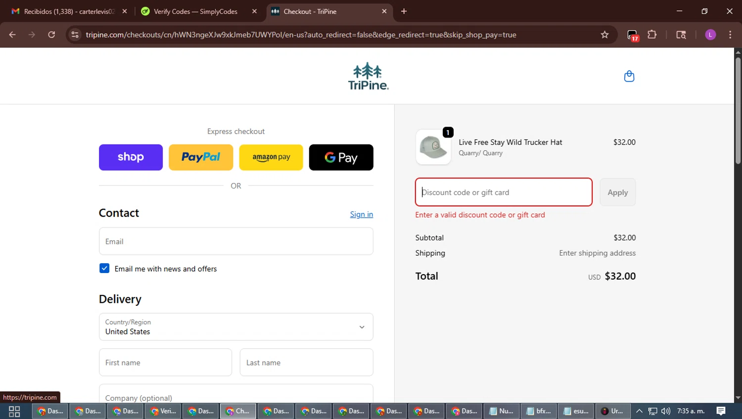 TriPine discount code screenshot showing code THANKS20 applied at TriPine checkout page. Uploaded by SimplyCodes community member RewardScout5160 on Oct 6, 2025
