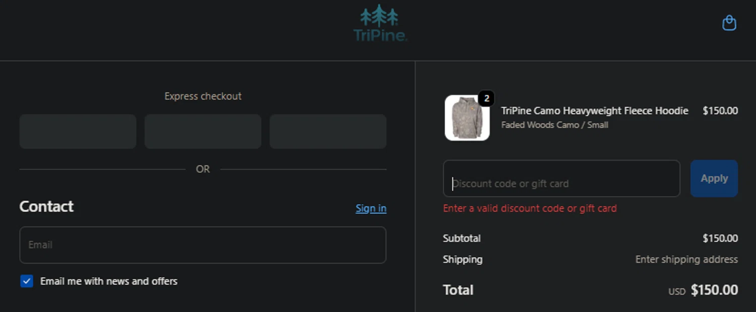 TriPine discount code screenshot showing code THANKS20 applied at TriPine checkout page. Uploaded by SimplyCodes community member SpiderGwen on Oct 6, 2025