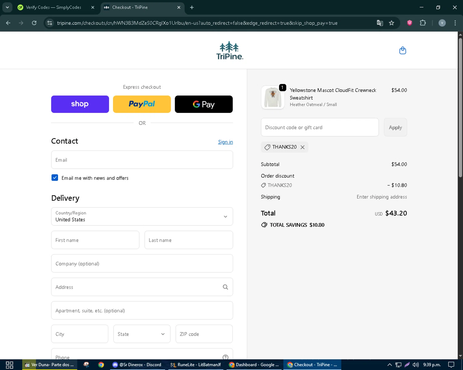 TriPine checkout page showing TriPine discount code box | Screenshot taken by SimplyCodes community member on Sep 20, 2025