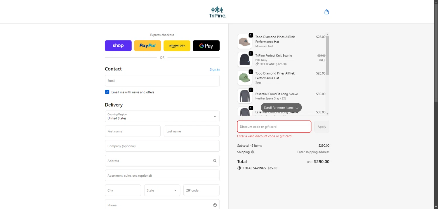 TriPine discount code screenshot showing code BOO applied at TriPine checkout page. Uploaded by SimplyCodes community member CrownBoss2710 on Feb 13, 2026