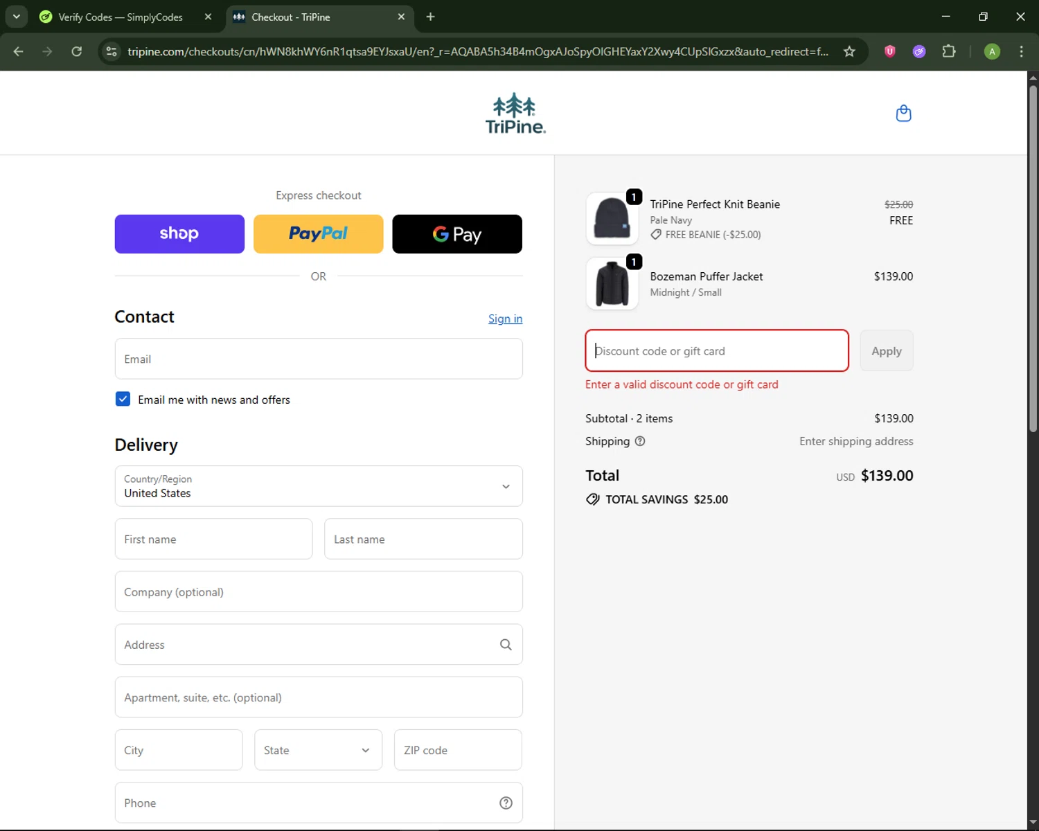 TriPine discount code screenshot showing code BOO applied at TriPine checkout page. Uploaded by SimplyCodes community member MagnificentSaver708 on Feb 13, 2026