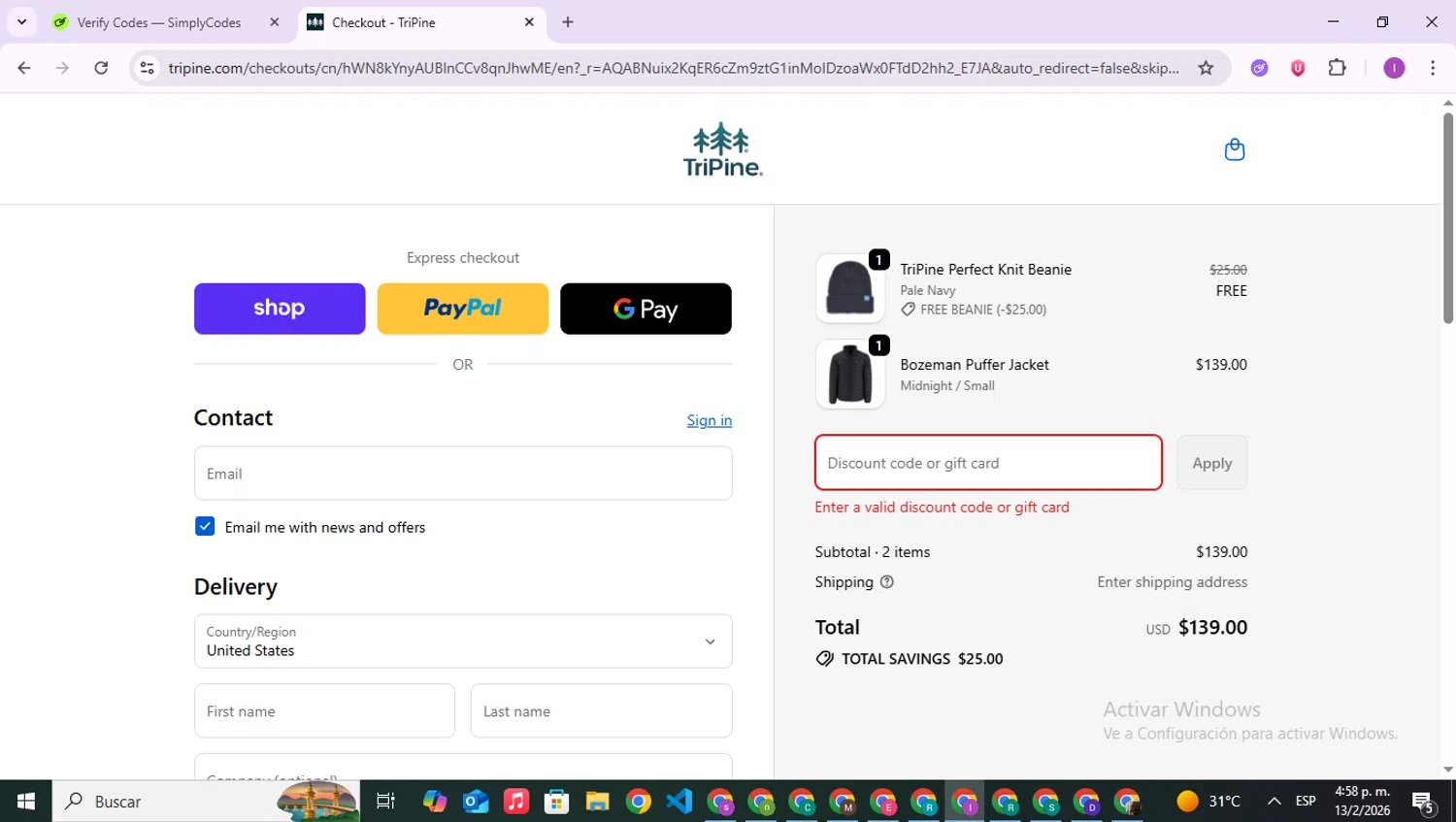 TriPine discount code screenshot showing code BOO applied at TriPine checkout page. Uploaded by SimplyCodes community member RebateAce6764 on Feb 13, 2026
