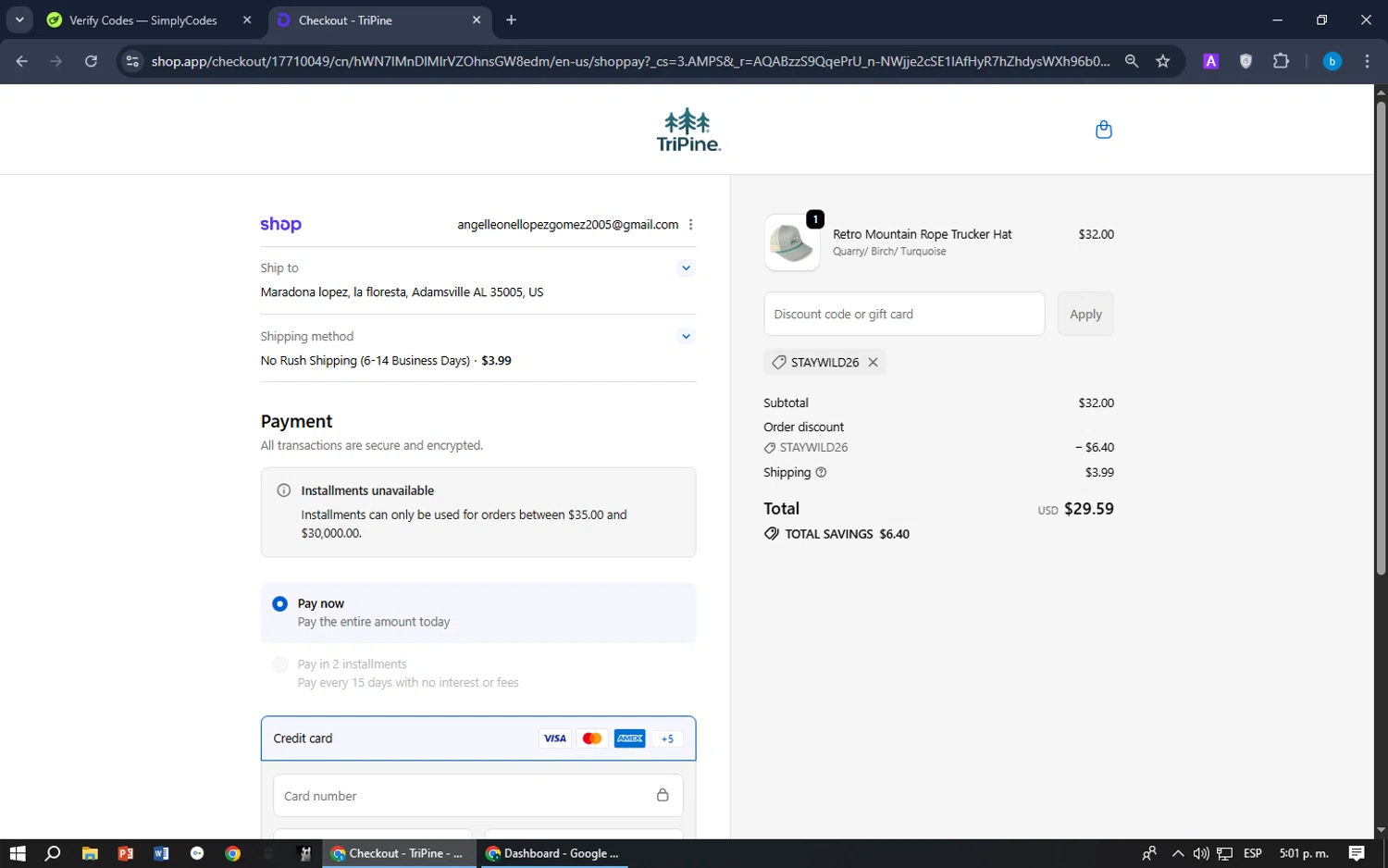 TriPine checkout page showing TriPine discount code box | Screenshot taken by SimplyCodes community member on Jan 18, 2026