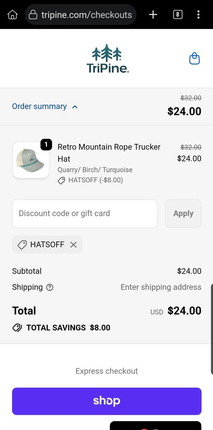 TriPine discount code screenshot showing code HatsOff applied at TriPine checkout page. Uploaded by SimplyCodes community member Carloslvz on Jan 30, 2026