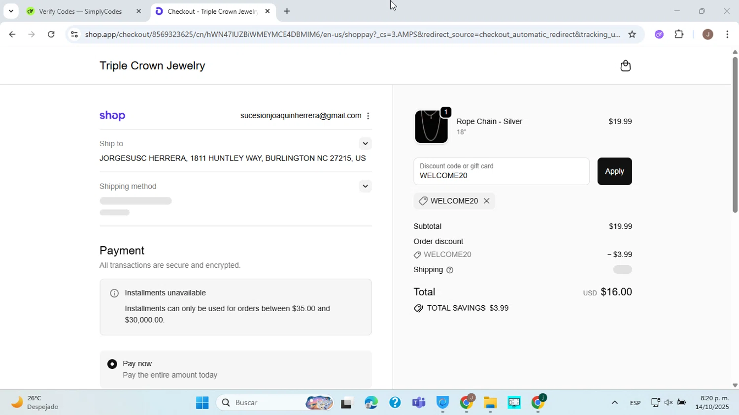 Triple Crown Jewelry discount code screenshot showing code WELCOME20 applied at Triple Crown Jewelry checkout page. Uploaded by SimplyCodes community member ABHF23 on Oct 15, 2025