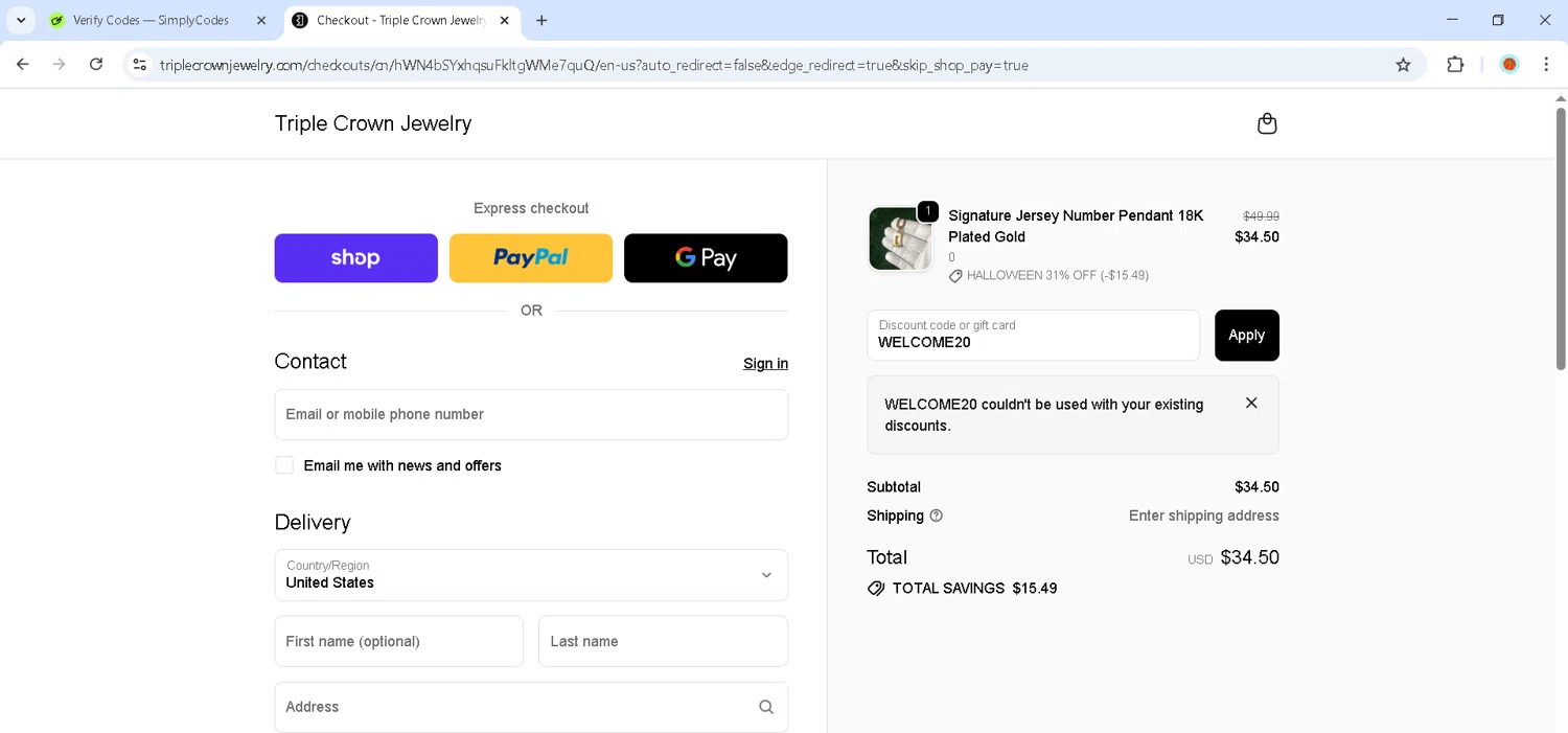 Triple Crown Jewelry discount code screenshot showing code WELCOME20 applied at Triple Crown Jewelry checkout page. Uploaded by SimplyCodes community member MadaraUchiha07 on Oct 27, 2025