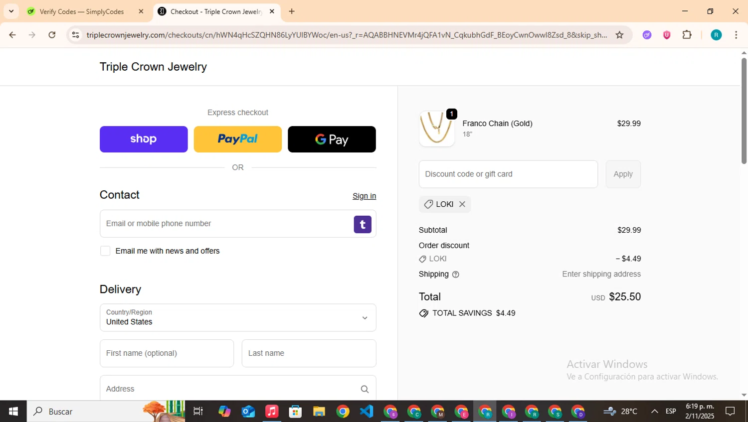 Triple Crown Jewelry discount code screenshot showing code LOKI applied at Triple Crown Jewelry checkout page. Uploaded by SimplyCodes community member BudgetHero4407 on Nov 2, 2025