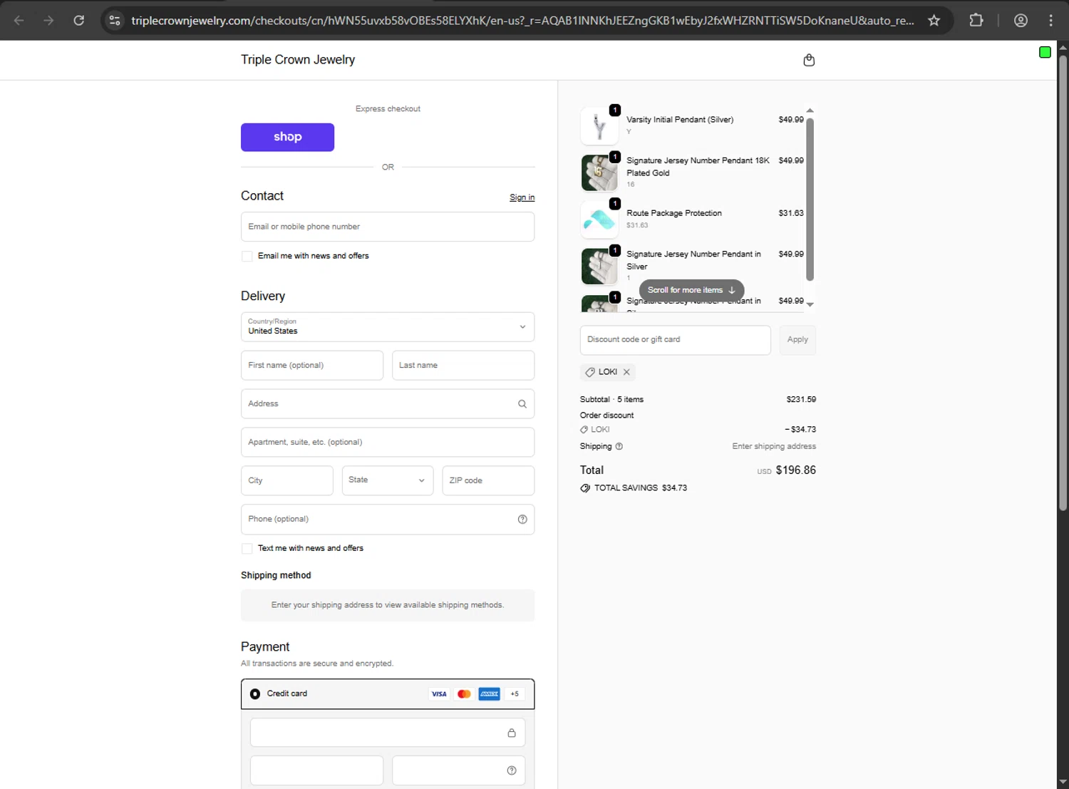 Triple Crown Jewelry discount code screenshot showing code LOKI applied at Triple Crown Jewelry checkout page. Uploaded by SimplyCodes community member Jeremi on Nov 9, 2025