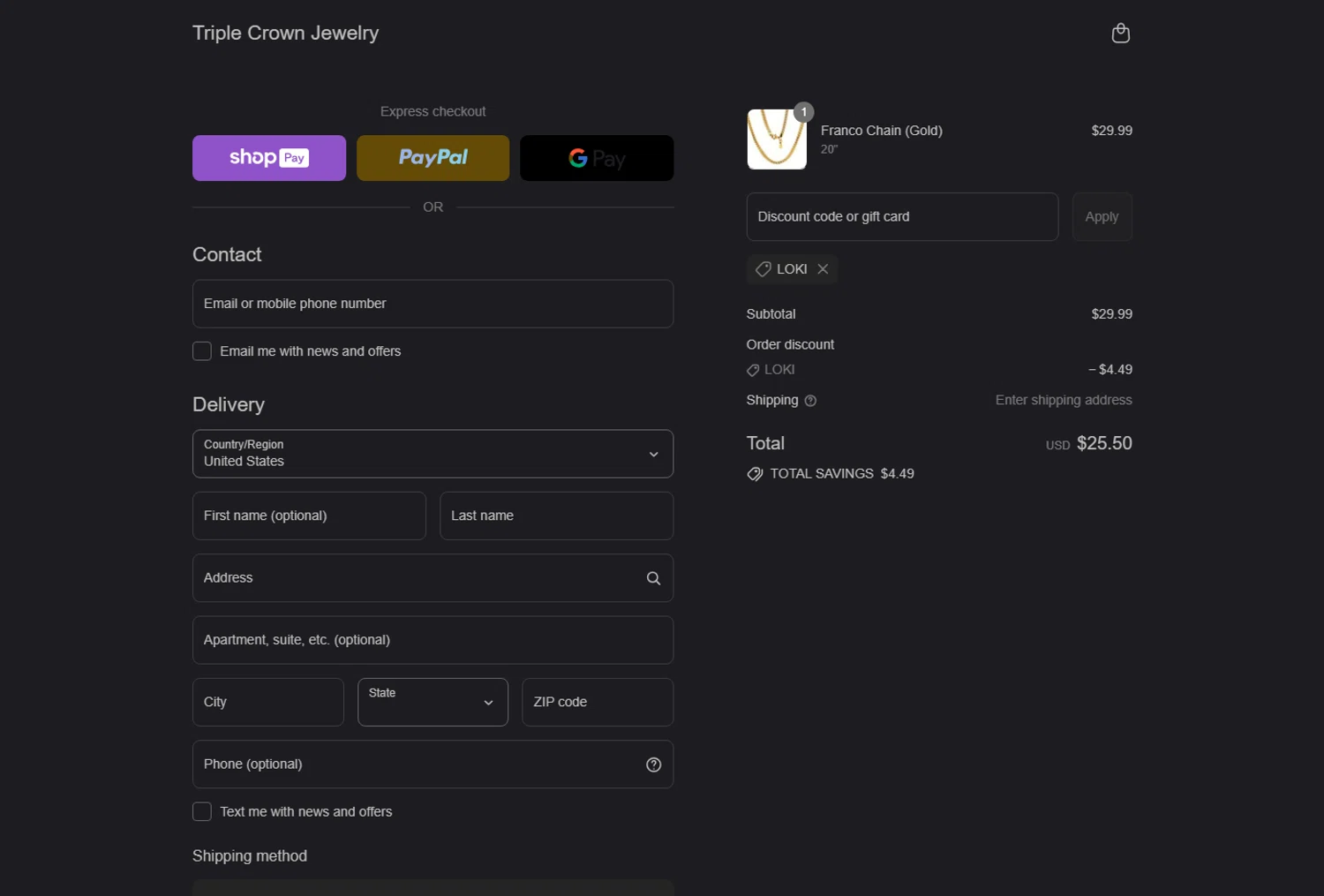 Triple Crown Jewelry discount code screenshot showing code LOKI applied at Triple Crown Jewelry checkout page. Uploaded by SimplyCodes community member tony2702 on Jul 23, 2025