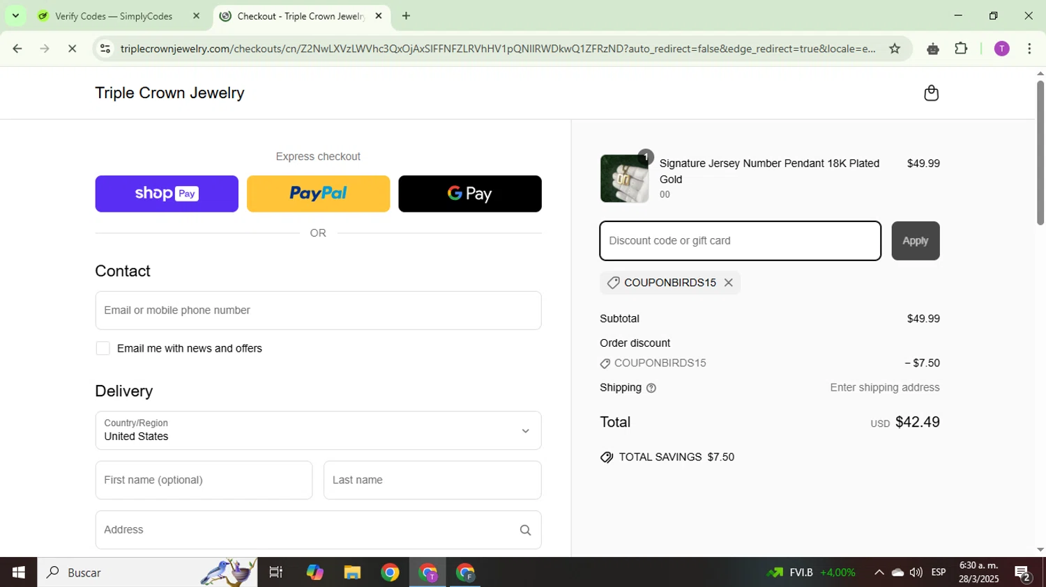 Triple Crown Jewelry discount code screenshot showing code COUPONBIRDS15 applied at Triple Crown Jewelry checkout page. Uploaded by SimplyCodes community member ThriftyCurator4085 on Mar 28, 2025