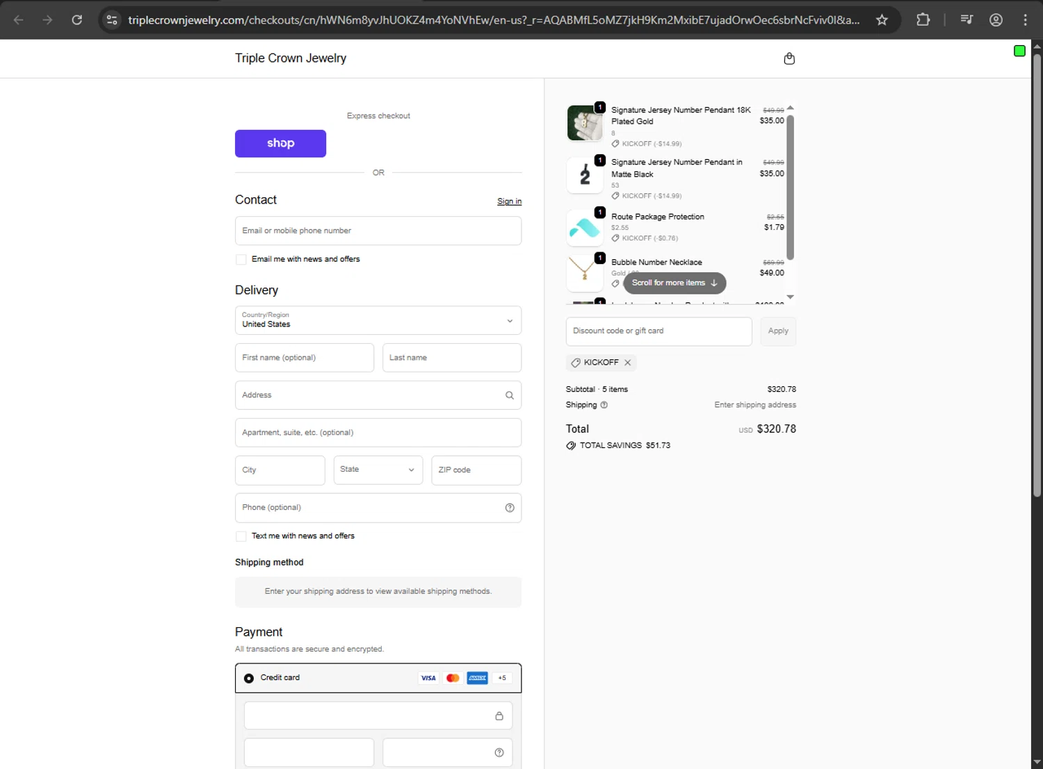 Triple Crown Jewelry discount code screenshot showing code kickoff applied at Triple Crown Jewelry checkout page. Uploaded by SimplyCodes community member anthonyramirez1 on Dec 23, 2025
