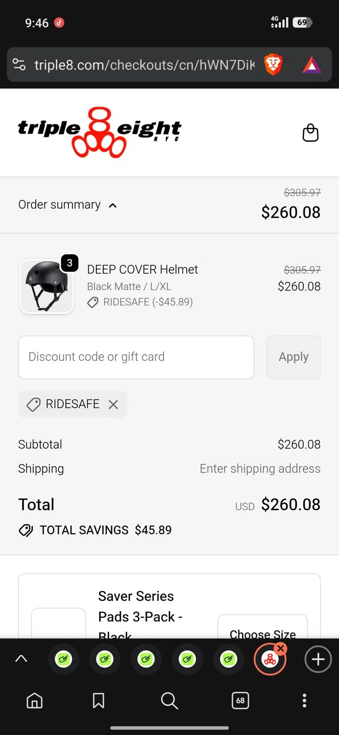 Triple Eight coupon code screenshot showing code RIDESAFE applied at Triple Eight checkout page. Uploaded by SimplyCodes community member Dejadepicharme on Jan 4, 2026