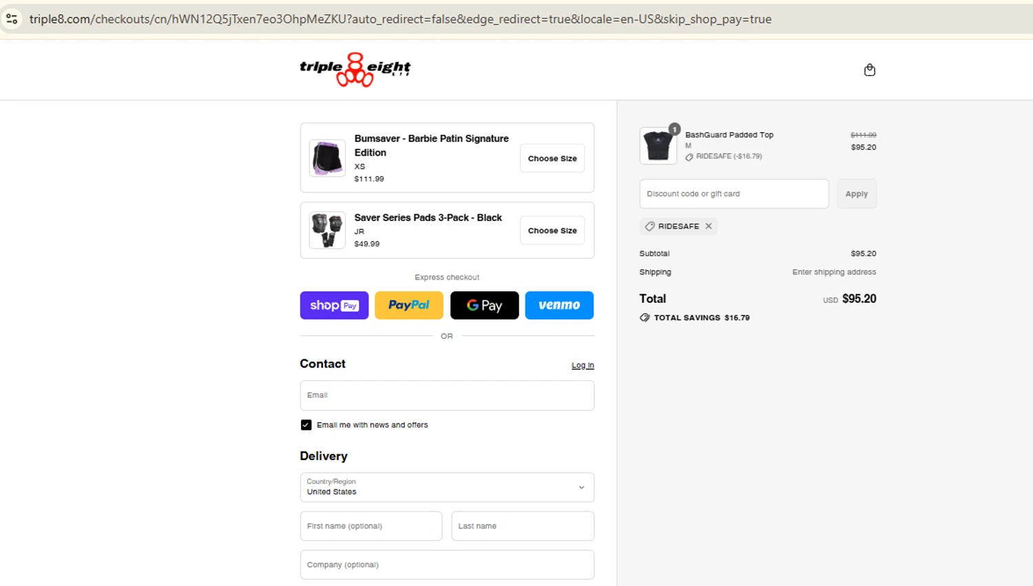 Triple Eight coupon code screenshot showing code RIDESAFE applied at Triple Eight checkout page. Uploaded by SimplyCodes community member Samugl21 on Jul 25, 2025