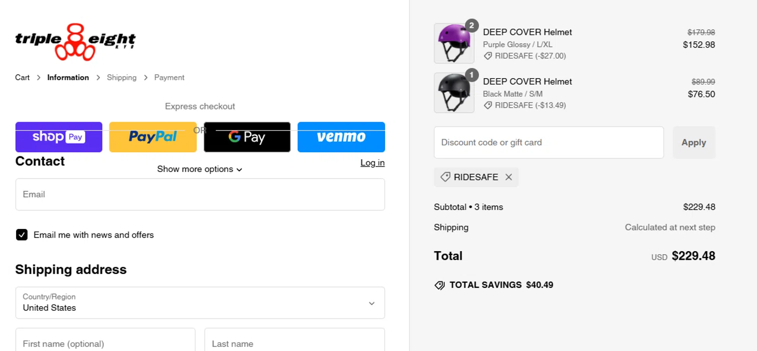 Triple Eight coupon code screenshot showing code RIDESAFE applied at Triple Eight checkout page. Uploaded by SimplyCodes community member gilbertrondon on Jan 22, 2025