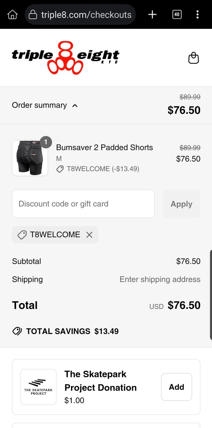 Triple Eight coupon code screenshot showing code T8WELCOME applied at Triple Eight checkout page. Uploaded by SimplyCodes community member Carloslvz on Jun 3, 2025