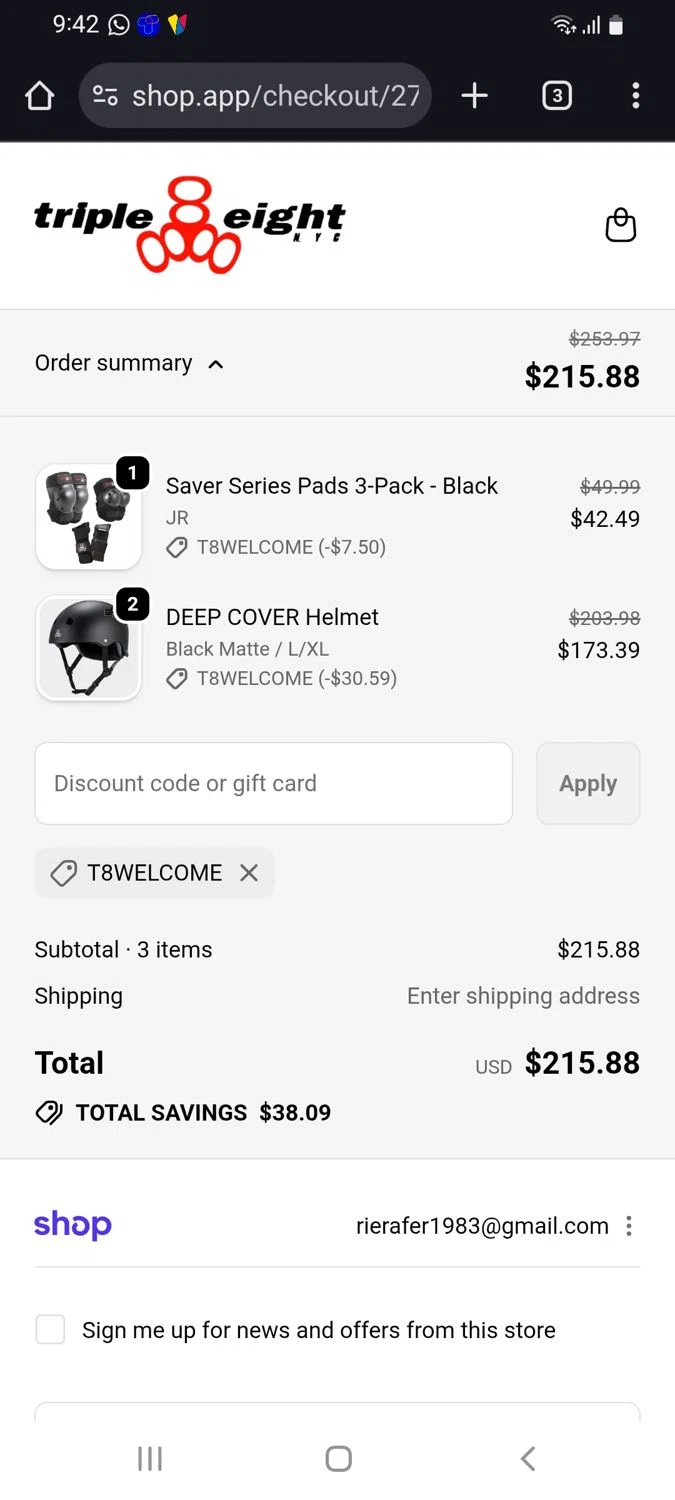Triple Eight coupon code screenshot showing code T8WELCOME applied at Triple Eight checkout page. Uploaded by SimplyCodes community member tulioriera on Dec 7, 2025