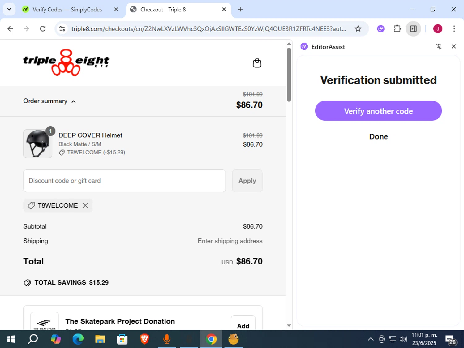 Triple Eight coupon code screenshot showing code T8WELCOME applied at Triple Eight checkout page. Uploaded by SimplyCodes community member vergil_lains on Jun 24, 2025
