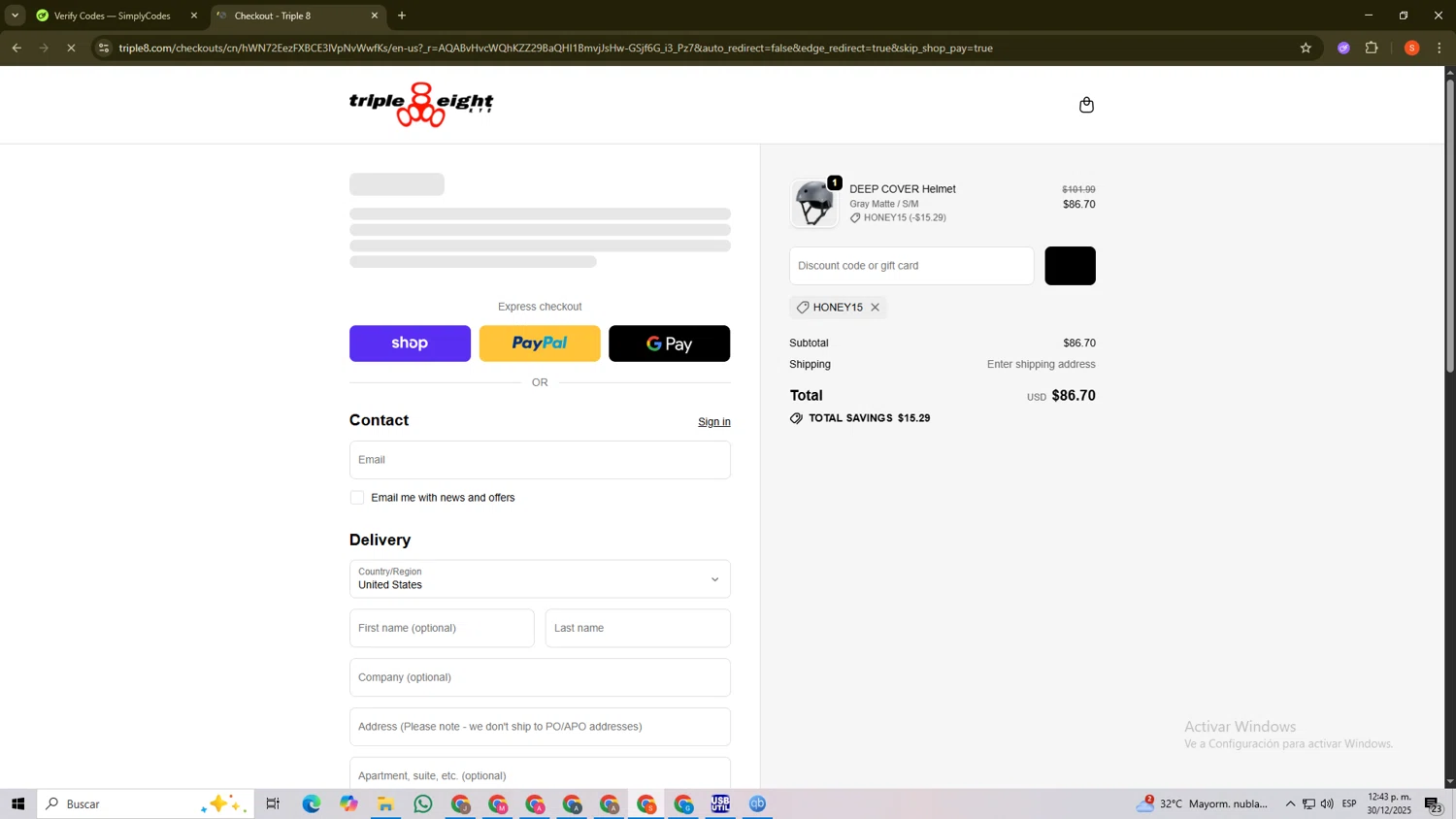 Triple Eight coupon code screenshot showing code HONEY15 applied at Triple Eight checkout page. Uploaded by SimplyCodes community member ScanKnight8857 on Dec 30, 2025