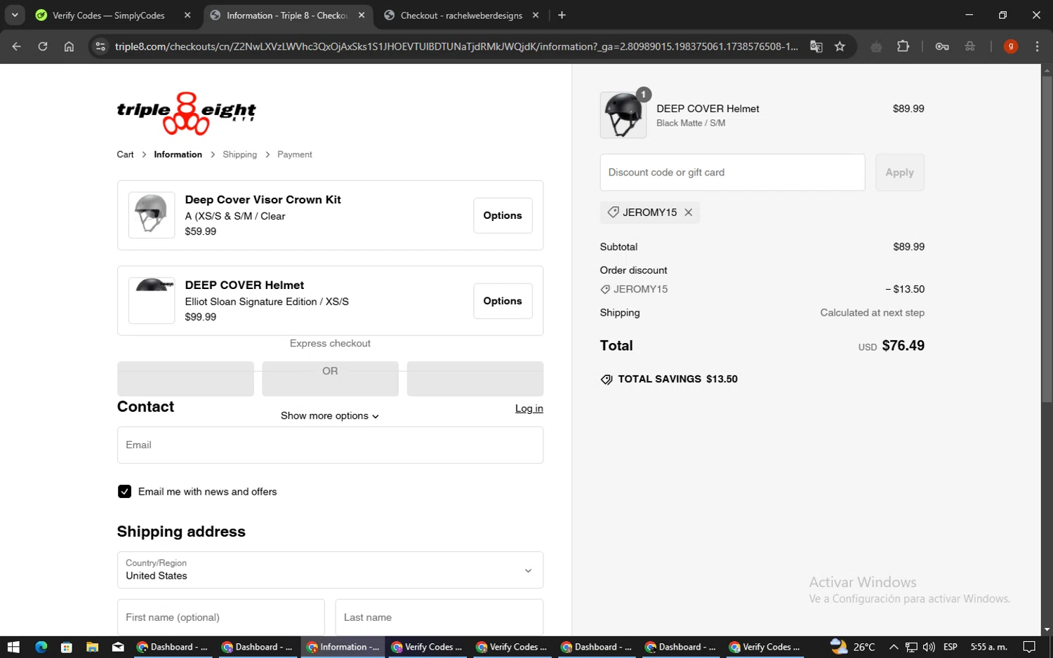 Triple Eight coupon code screenshot showing code Jeromy15 applied at Triple Eight checkout page. Uploaded by SimplyCodes community member ExtraordinaryVirtuoso6801 on Feb 3, 2025