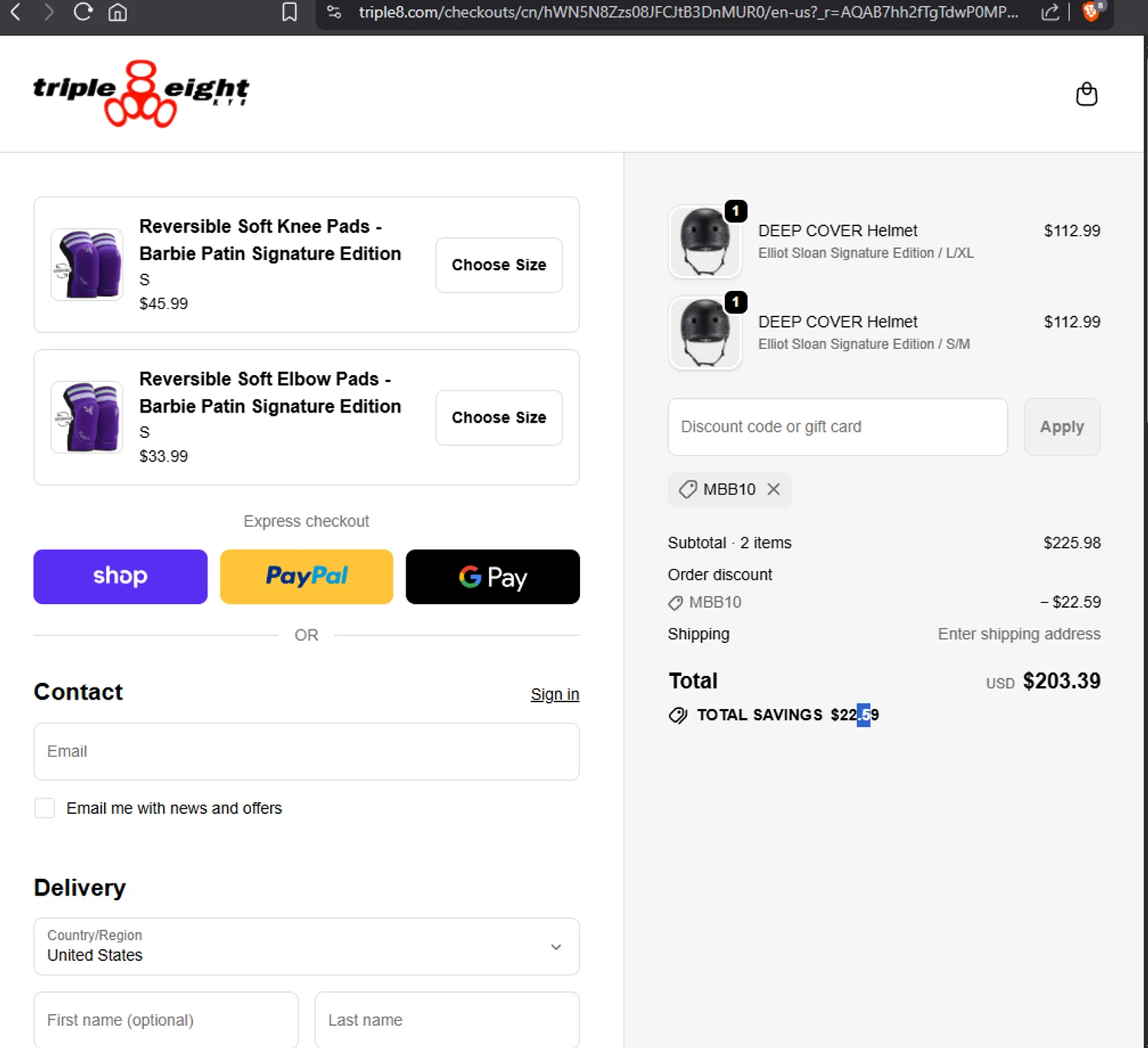 Triple Eight coupon code screenshot showing code MBB10 applied at Triple Eight checkout page. Uploaded by SimplyCodes community member Jmhernand1 on Nov 16, 2025