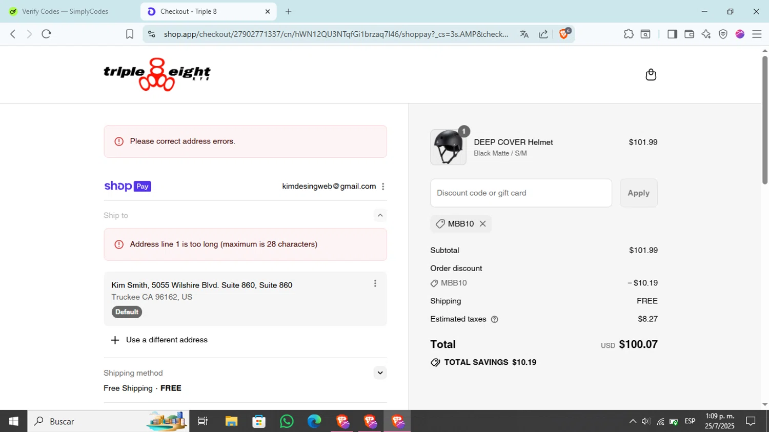 Triple Eight coupon code screenshot showing code MBB10 applied at Triple Eight checkout page. Uploaded by SimplyCodes community member Kim_michi on Jul 25, 2025