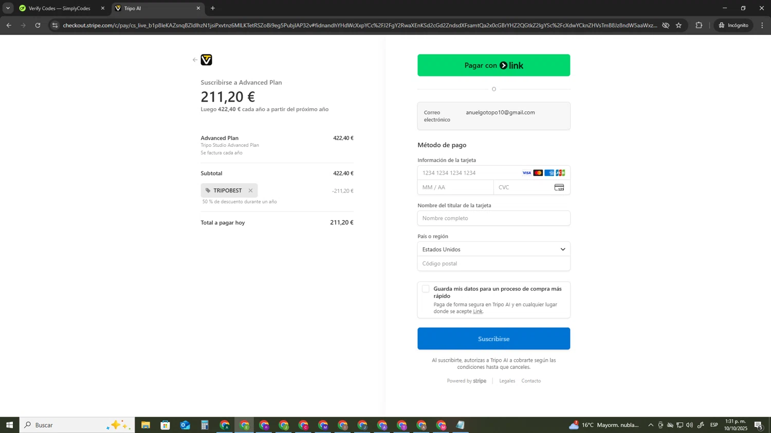 Tripo AI checkout page showing Tripo AI promo code box | Screenshot taken by SimplyCodes community member on Oct 10, 2025