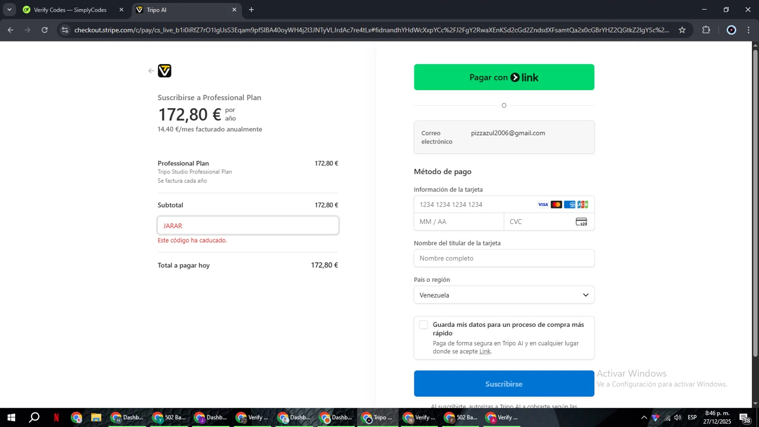 Tripo AI promo code screenshot showing code JARAR applied at Tripo AI checkout page. Uploaded by SimplyCodes community member RoyalBoss4384 on Dec 28, 2025