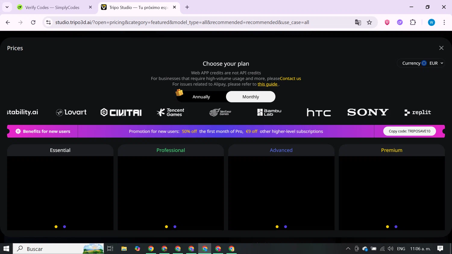 Tripo AI checkout page showing Tripo AI promo code box | Screenshot taken by SimplyCodes community member on Jan 13, 2026